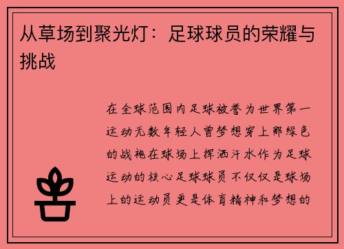 从草场到聚光灯：足球球员的荣耀与挑战