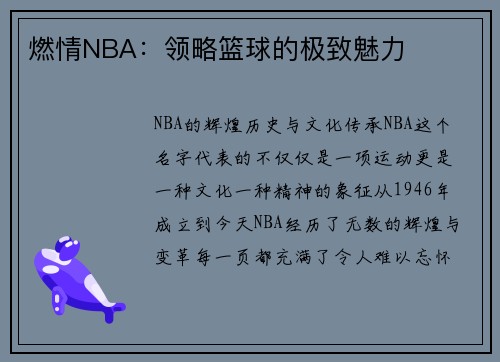 燃情NBA：领略篮球的极致魅力